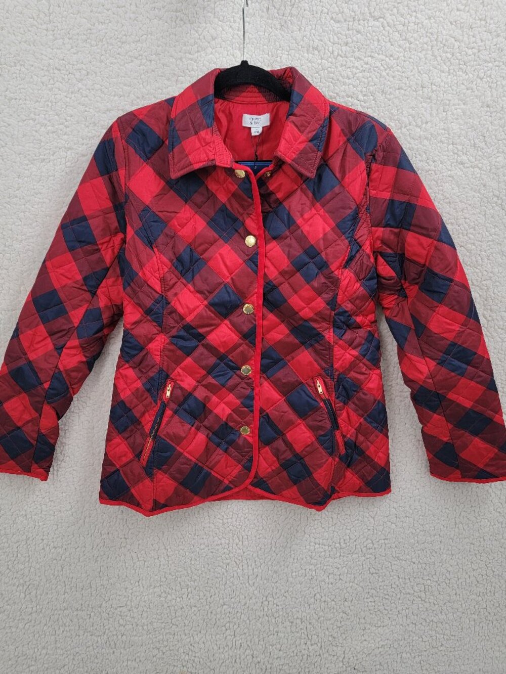 NWT Crown & Ivy Quilted Barn Jacket Women Small S Red Navy Plaid Gold Snaps